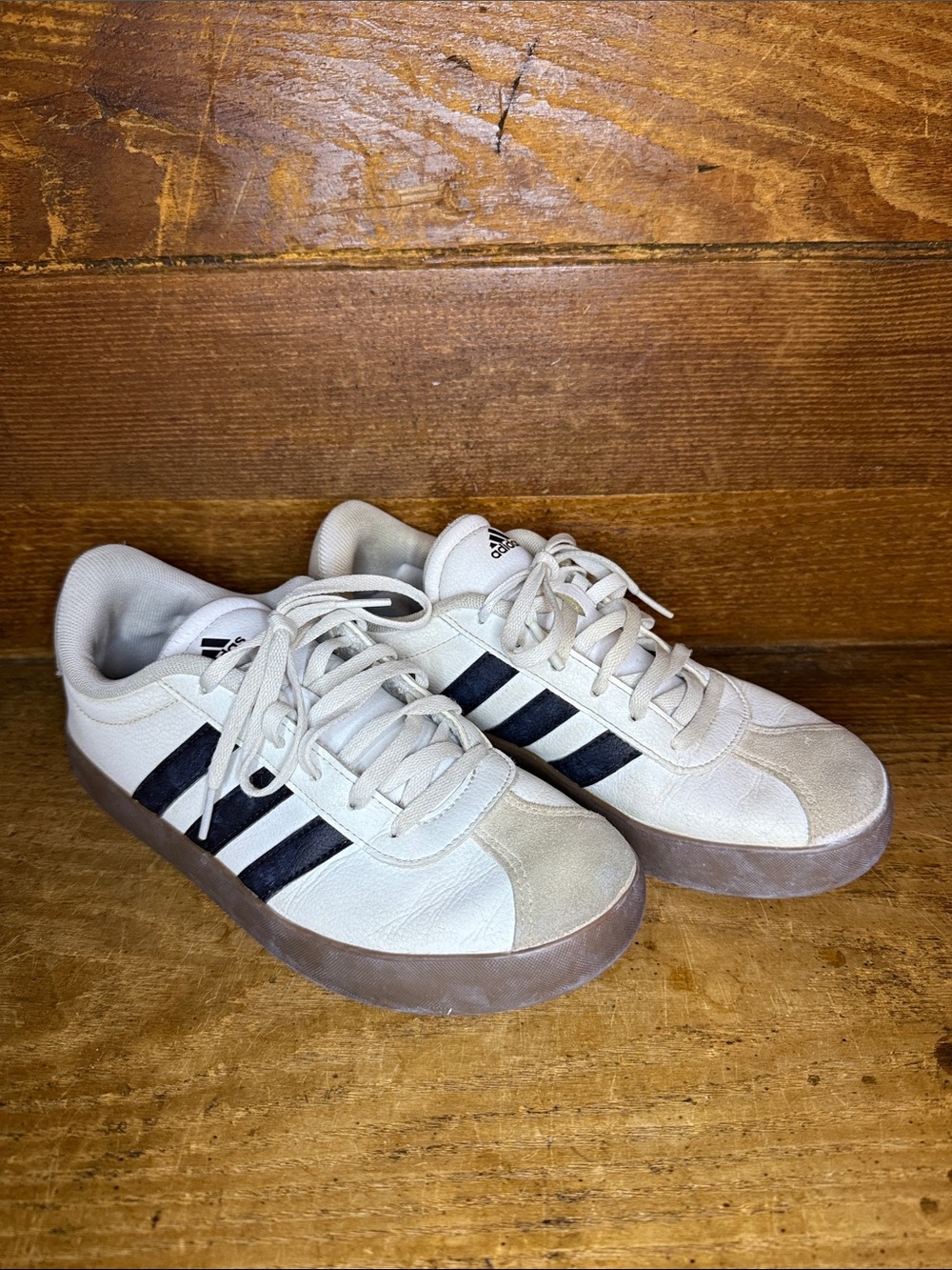 adidas Kids White Sneakers with Black Stripes and Brown Sole